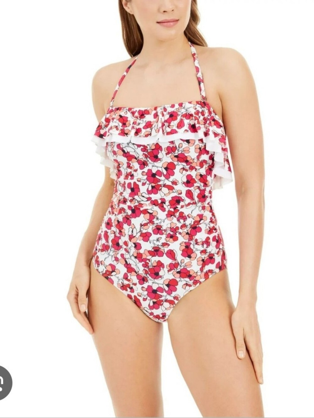Tommy Hilfiger White Pink Floral Ruffle One-Piece Swimsuit Size 16